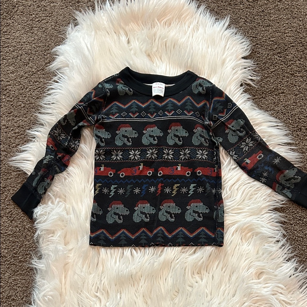 Hanna Andersson Black Long Sleeve Tee with Holiday Dinosaur & Toy car Print